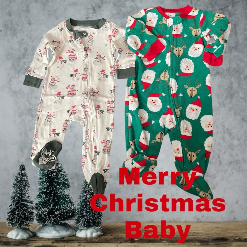 Burt's Bees Baby Cream & Carter’s Green Holiday Onesie Bundle of 2 Outfits SZ 6M